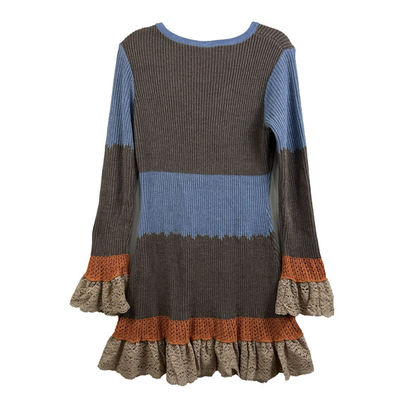 Bohemian Yohers New Colorblock Knit Crochet Ruffle Lace Trim Mini Dress Large - Picture 9 of 15